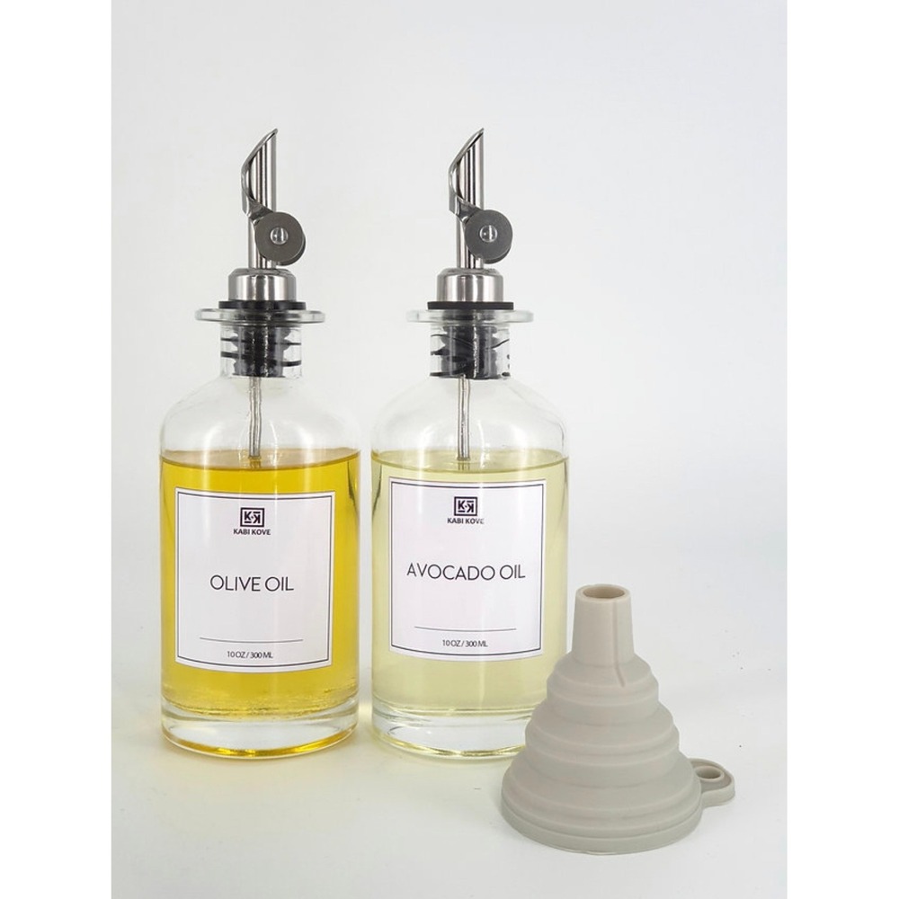 Glass Oil & Vinegar Dispenser Set 300ml | Weighted Pour Spouts | Labels | Funnel